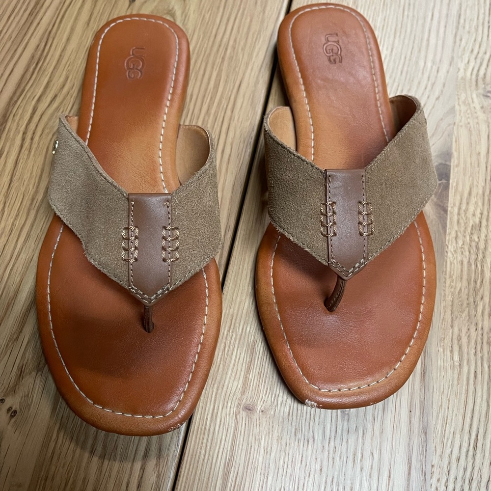 UGG Tan Leather Sandals with Perforated Strap